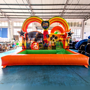 Castillo inflable infantil para exteriores con tobogán, diseño de puesta de sol en Hawái, con piscina. - Product Image 1