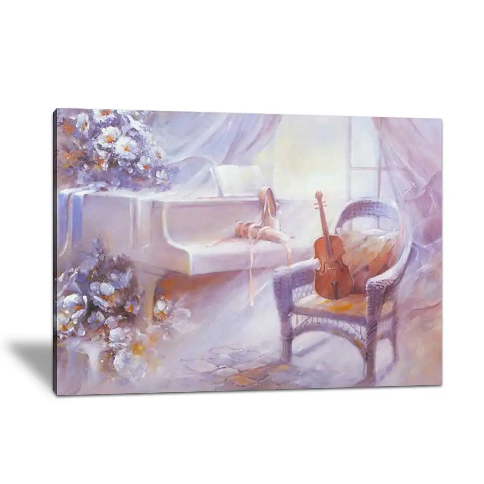 Wholesale still life pink room handmade art painting piano violin modern instrument canvas oil painting