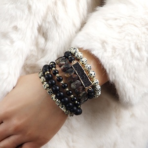 Conjunto de Pulseras de Piedras Preciosas Negras de Estilo Bohemio, Unisex, con Cuentas de Jaspe Dalmático, 6 Piezas - Product Image 1