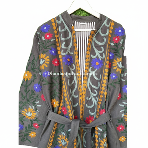 Kimono indio de algodón hecho a mano con cinturón, albornoces con bordado uzbeko, ropa de dormir de invierno Unisex, Kimono, Chaqueta larga, bata de estilo Hippie - Product Image 1