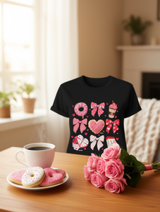 T-shirt da donna taglie forti per San Valentino, a maniche corte, girocollo, con stampa fiocco, ciambella e caffè, in jersey 100% cotone, vestibilità regolare - Product Image 2