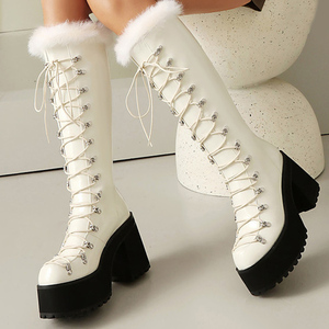 Size 44 Women's Thick Chunky Heels <b>Long</b> Boots Lace up Top Fur Shoes Round Toe Platform Block Heel Knee High Booties - Product Image 1