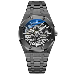 Benutzer definiertes Logo Luxus legierung Gehäuse Armbanduhr Edelstahl armband Skelett Hohl zifferblatt Automatische mechanische Uhren für den Menschen