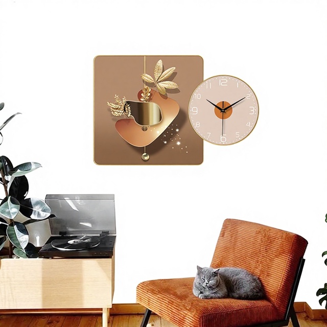 Modern Minimalist Light Luxury Home Wall Clock Leaf Pattern Rectangle Shape Accurate Time Scanning Density Board Wooden Quartz