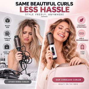 2027 <span class=keywords><strong>Fer</strong></span> à <span class=keywords><strong>boucler</strong></span> et peigne coiffant sans fil avec ions négatifs (des milliards d'ions), rechargeable USB-C, OEM, pour boucles rebondies et définition - Product Image 2