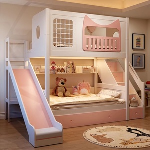Lit superposé rose à motif chaton moderne JS pour filles, lit pour enfants avec rangement et barrière haute, ensemble de meubles pour <span class=keywords><strong>chambre</strong></span> d'enfant - Product Image 2