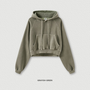 Sweat-shirt à capuche surdimensionné et court en coton 100% personnalisé, style streetwear vieilli, épaules tombantes, pour l'automne, en tissu tissé - Product Image 6
