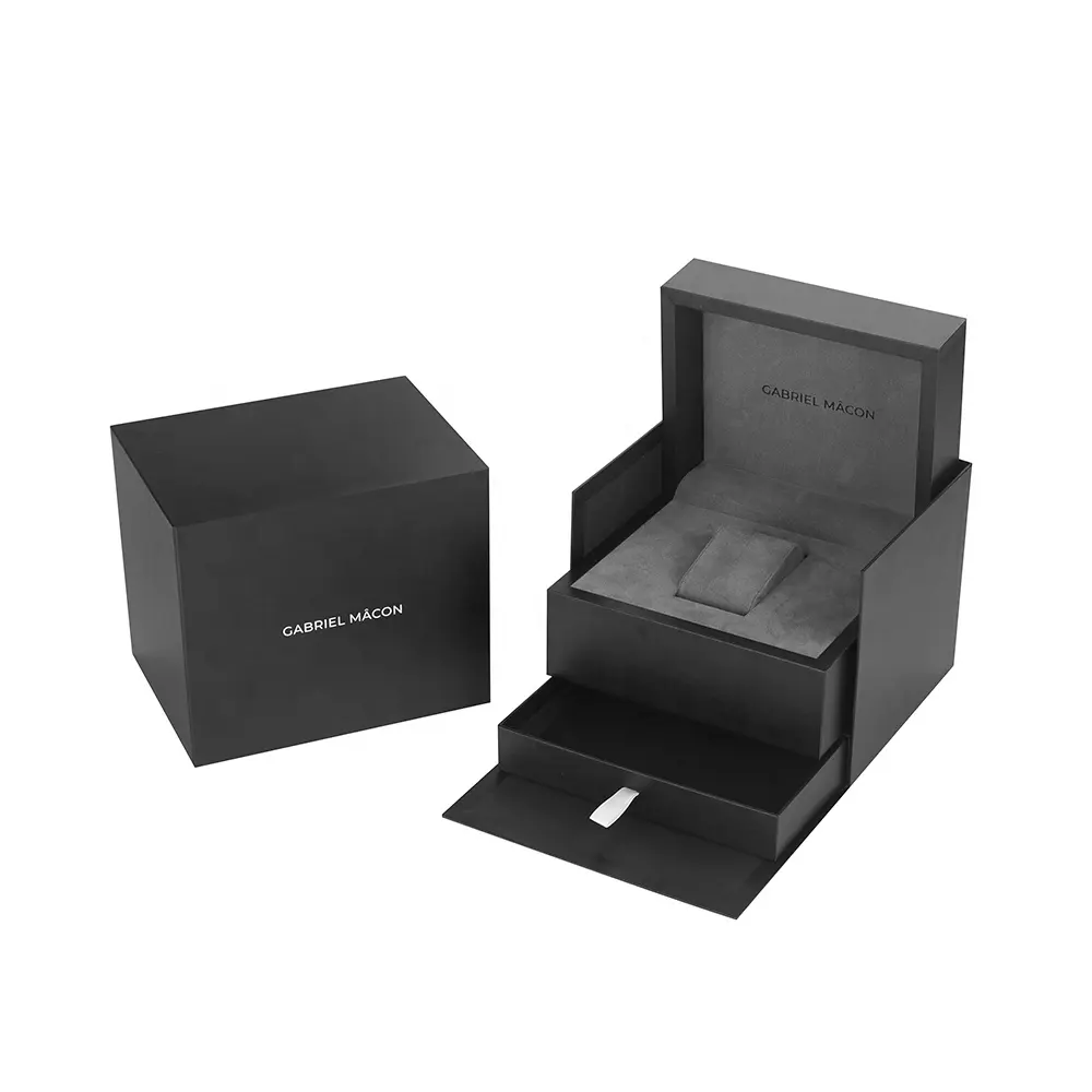 Роскошная Высококачественная Черная картонная подарочная упаковка с логотипом на заказ, одинарная коробка для часов с поролоновой вставкой