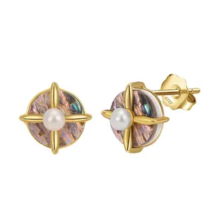 RINNTIN-pendientes de gota de perlas barrocas GPE25 para mujer, joyería fina con concha de abulón, aretes de perlas de agua dulce de plata 925