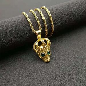 Collar con Colgante de Calavera de Acero Inoxidable con Corona y Ojos Verdes, Colgantes Temáticos con Engaste de Bisel, Joyería de Regalo - Product Image 3