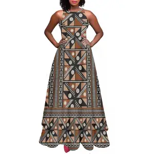 Summer Sleeveless Casual Chiffon Dress Traditional Women Fijian Tapa Print Custom Long Maxi Waist Tank A-line Skirt Ladies