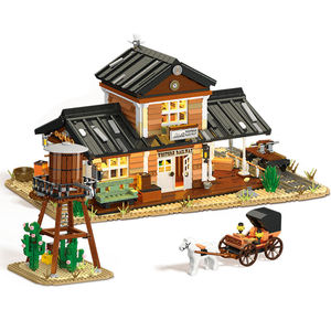 Kit de construction de gare ferroviaire occidentale 3288 pièces avec 2 étages détachables, éclairage LED, chariot coulissant, décoration STEAM pour la maison, cadeau pour enfants - Product Image 1