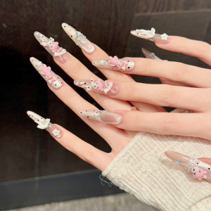 Diseño # 366 <span class=keywords><strong>Uñas</strong></span> Postizas de Lujo con Lazo 3D, Diseño de Oso Adorable, Flor Dulce, Ojo de Gato Rosa, Puntos, Hechas a Mano, Acrílicas, Extra Largas - Product Image 3