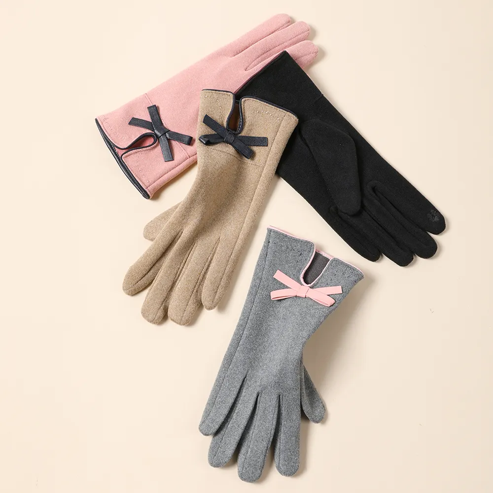 Bow velvet and velvet warm long finger ladies gloves for autumn and winter driving and cycling