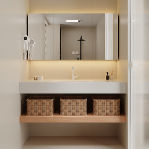Mueble de baño de color madera natural, lavabo integrado de cerámica, espejo inteligente sencillo, lavabo para baño doméstico - Product Image 4