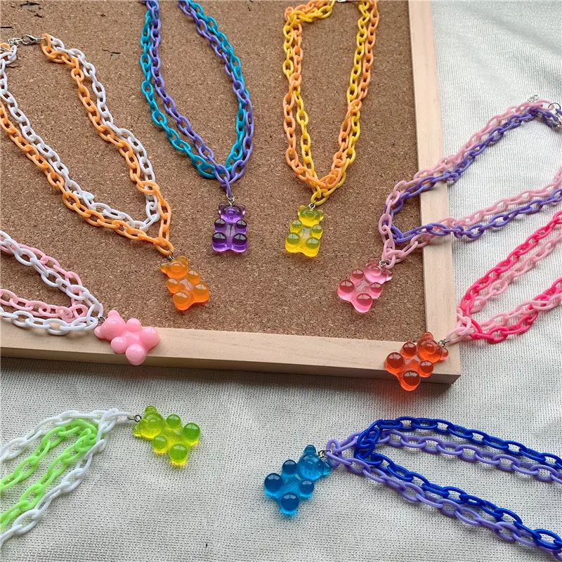 Manis Permen Warna Ganda Berlapis Liontin Kalung Y2K Trendi Disco Menari Lucu Ungu Pink Bear Akrilik Kalung untuk Wanita