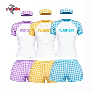Completo Estivo 2 Pezzi: T-Shirt Fitness Color Block Personalizzata e Pantaloncini a Vita Alta con Fascia Coordinata, Set Due Pezzi a Quadretti - Product Image 3