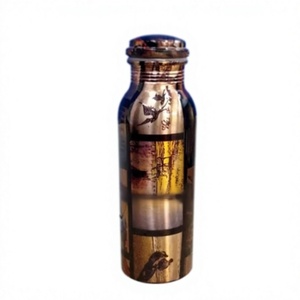 Bouteille d'eau en cuivre pur avec motif artistique paysager d'oiseaux, design traditionnel encadré, artisanale, style rustique - Product Image 1