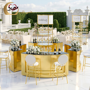 Comptoir de bar mobile semi-circulaire moderne en acier inoxydable et verre miroir pour mariage, événement, hôtel et cave à vin - Product Image 1