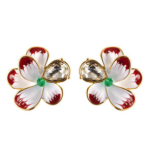 Pendientes de botón con forma de flor para mujer, de aleación, con engaste de bisel de cristal, para uso diario, tono oro rojo y blanco - Product Image 5