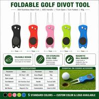 Outil de réparation de divots de golf pliable en acier inoxydable 304, fourche en ABS, marqueur de balle magnétique, 11 cm (ouvert), 7 cm (plié), 40 g, 5 couleurs, logo personnalisé