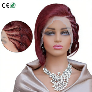 Perruque frontale en dentelle 13x4, cheveux humains bruts avec cuticules intactes, frange tressée, perruque 99J pour femmes, perruque courte brésilienne en cheveux humains pour l'été - Product Image 1