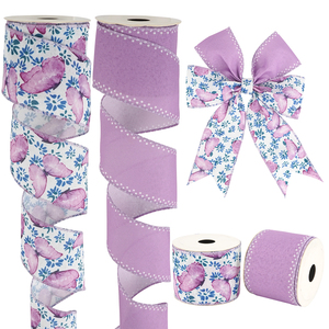 Wholesale Customized <strong>Purple</strong> Flower Butterfly Gift Wrapping Wired Edge <strong>Ribbon</strong> for Party DIY Craft Spring Wreaths Bow Decoration