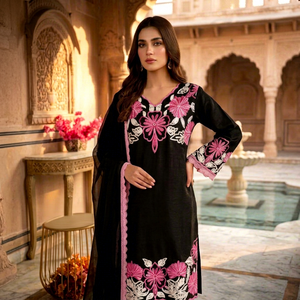 Black Floral Embroidered Cotton <b>Kurti</b> Women Traditional <b>Indian</b> Pakistani Outfit Loose Fit Ankle-Length Casual Wear - Product Image 1