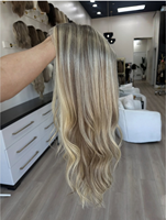 Perruque Lace Front 100% Cheveux Européens Naturels, Lace Top, Racine Brun Moyen Effet Fondant avec Mèches Blondes, Nœuds Simples Invisibles, pour Femmes Souffrant de Perte de Cheveux