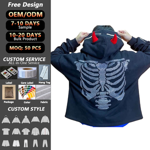 Sweat à capuche pour homme de haute qualité 400 Gsm, design personnalisé avec des cornes de <span class=keywords><strong>diable</strong></span> et un squelette, sweat à capuche avec fermeture éclair intégrale, visage en strass, hiver 100% coton - Product Image 1