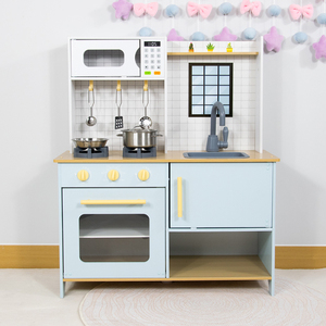 Cocina de Juguete de Madera para Niños con Microondas, Horno, Estufa y Fregadero, Juego de Cocina de Juguete Color Azul Pastel para Niños Pequeños - Product Image 1