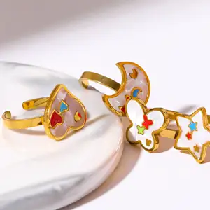 2023 Stainless steel Colorful Dropping Oil Star Love Butterfly Moon Open Ring Female INS Wind Cute Ring For Girls