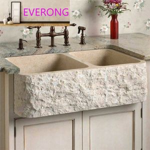 Lavabo double en <span class=keywords><strong>travertin</strong></span> brut, sculpté à la main, pour <span class=keywords><strong>salle</strong></span> <span class=keywords><strong>de</strong></span> <span class=keywords><strong>bain</strong></span>, toilettes ou cuisine - Product Image 1
