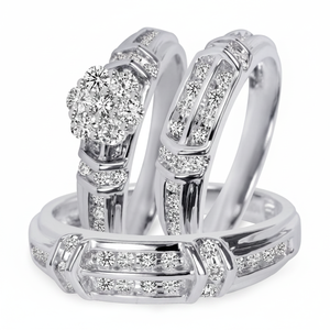 14K White <b>Gold</b> Unisex Trio <b>Ring</b> <b>Set</b> Real Round Diamond Jewelry - Product Image 2