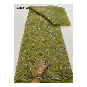 Gelin lüks payetli Dubai Net zeytin yeşil üç boyutlu petal nakış dantel için düğün elbisesi inciler pullu fransız