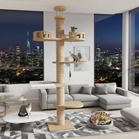 Arbre à chat moderne à cinq niveaux avec griffoir, hauteur réglable, en bois, pour sol/plafond, structure d'escalade pour chat, avec espace de jeu