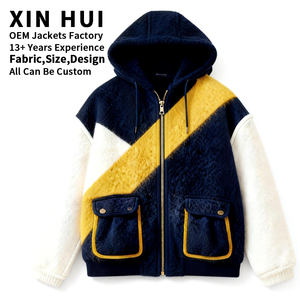 Chaqueta de Cuero con Forro Polar Sherpa Grueso para Invierno, con Logotipo Personalizado, Estilo Urbano para Hombre, Diseño de Bloques de Color con Parches, con Capucha, Estilo Universitario, Oversize y Afelpada - Product Image 1