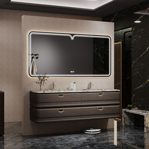 Meuble-lavabo <span class=keywords><strong>de</strong></span> <span class=keywords><strong>salle</strong></span> <span class=keywords><strong>de</strong></span> <span class=keywords><strong>bain</strong></span> moderne et minimaliste sur mesure à double vasque, armoires flottantes en bois massif avec miroir LED rétroéclairé et plan <span class=keywords><strong>de</strong></span> travail en pierre - Product Image 2