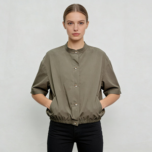 Veste courte en toile <span class=keywords><strong>beige</strong></span> pour <span class=keywords><strong>femme</strong></span>, col mandarin, taille ajustable avec cordon, boutons sur le devant, veste décontractée respirante pour le printemps - Product Image 2