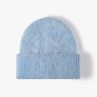 Bonnet en tricot bleu pastel pour femme, doux et confortable, bonnet d'hiver tendance texturé à revers pour temps froid, automne-hiver, OEM/ODM