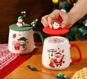 Heated <b>Christmas</b> Ceramic <b>Mug</b> <b>Set</b> with Warmer, Santa/Snowman Coffee Cup with Lid & Spoon, Ready to Ship - Product Image 4