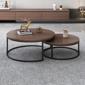 無垢材の丸いコーヒーテーブル2個セット、リビングルーム用のモダンな小さなセンターソファサイドテーブルティーエンドテーブル