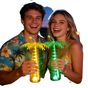 PET 16oz 450ml <b>LED</b> Coconut Tree Straw Drink <b>Bottle</b> Lamp Cute Outdoor Party Cup for Tropical or Beach Themed Beach, Swimming Pool - Product Image 4