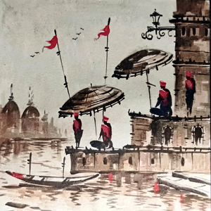 Impression sur toile de paysage classique, scène de rivière avec drapeaux rouges et parapluies, œuvre d'art d'intérieur, style aquarelle, décoration encadrée - Product Image 2