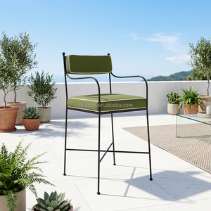 Tabouret de bar en fer forgé fin noir avec coussins <span class=keywords><strong>vert</strong></span> olive à bordure, style vintage, pour comptoir de cuisine, bistrot, bar, extérieur - Product Image 1