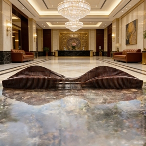 Banco curvo Art Deco Y503 de madera con rayas, mueble personalizado para espacios públicos, asientos para decoración interior de hoteles boutique. - Product Image 6