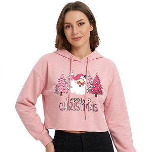 <b>Women's</b> Pink <b>Christmas</b> Crop Hoodie with Custom Logo & Design Printed Casual Holiday Streetwear Hooded <b>Sweatshirts</b> - Product Image 1