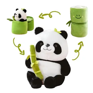 لعبة حيوانات محشوة ناعمة لطيفة من Kawaii Panda مع دمى من القطيفة هدايا عيد ميلاد أطفال باندا مستديرة من القطيفة مع الخيزران