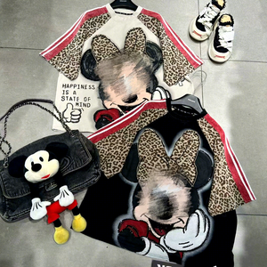 T-<span class=keywords><strong>shirt</strong></span> <span class=keywords><strong>chic</strong></span> pour <span class=keywords><strong>femme</strong></span> SC0016/Printemps-Été, nouveau, à rayures perlées, décontracté, à manches courtes, brodé au crochet, motif dessin animé - Product Image 1