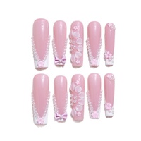 Betifnail – Lot de 10 faux ongles longs roses à motif floral pour l'été, carrés, à presser, en gel souple pour doigts, marque privée